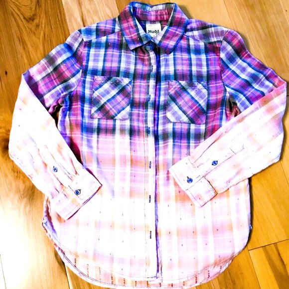 Girl's Bleached Painted Shirt, Size 14: Upcycled Inspirational Purple Plaid Top - Picture 9 of 9